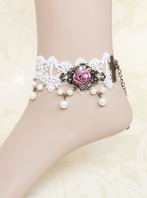 White Lace Rose Classic Lolita Pink-purple Anklet  |  Lolita Ankle Belts