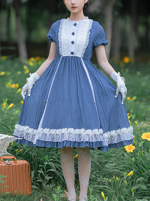 White Lace Ruffle Hem Blue Elegant OP Classic Lolita Short Sleeve Dress  |  Classic Lolita Dresses