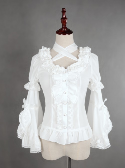 White Lace Short Sleeve And Flare Sleeve Lolita Hang The neck Blouse  |  Blouses