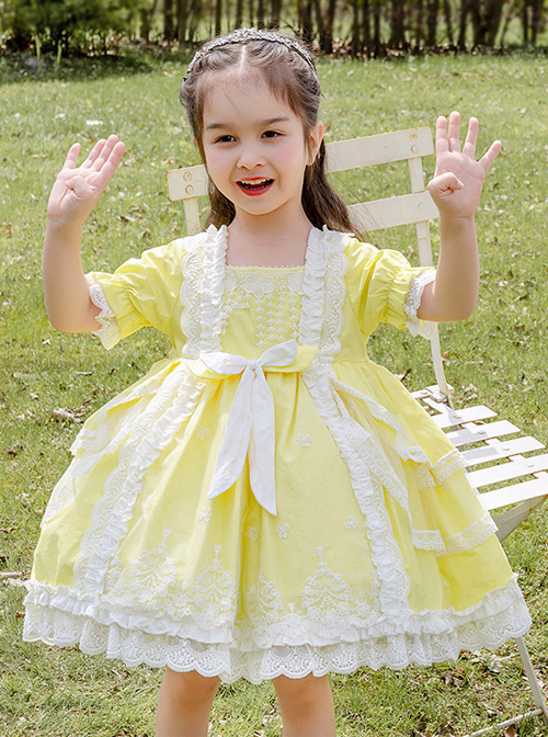 White Lace Yellow Cotton Children Sweet Lolita Short Sleeve Dress  |  Kids Dresses