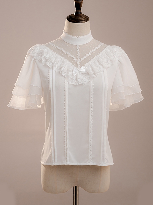 White Layered Pleated Lace Jacquard V Neckline Design Elegantly Ruffled Short Sleeves Bow Knot Classic Lolita Shirt  |  Blouses