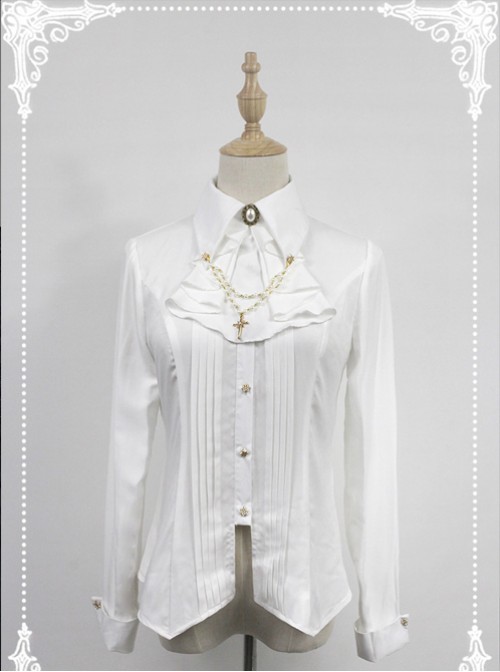 White Long Sleeve Cotton Stand Collar Bead Chain Lolita Blouse  |  Blouses