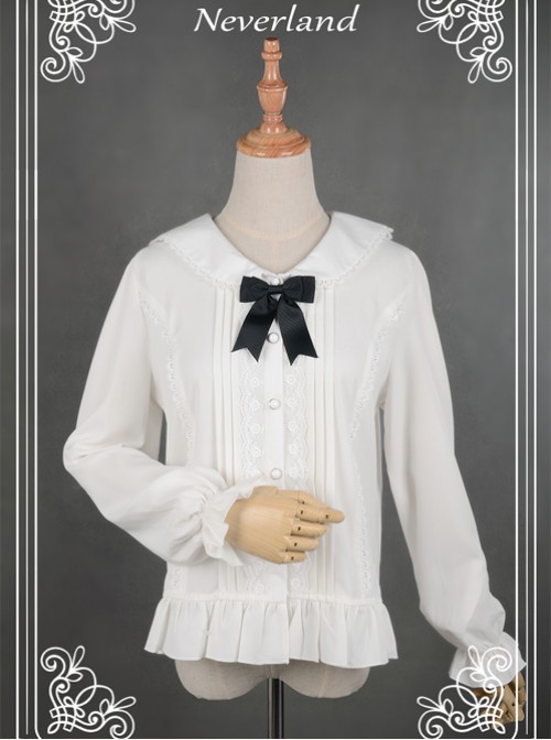 White Lovely Cat Ears Collar Long Sleeve Chiffon Lolita Blouse  |  Blouses