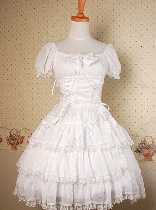 White Multi-storey Ruffles Lace-up Sweet Lolita Dress  |  Plus Size Lolita Dresses