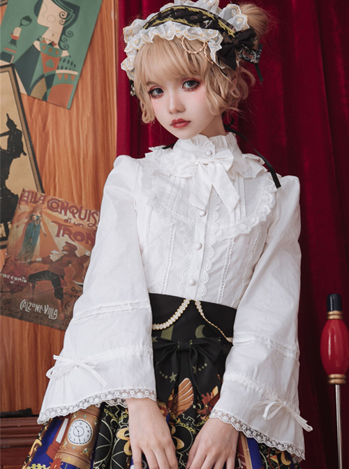 White Or Black High Collar Ruffle Classic Lolita Long Sleeve Shirt  |  Blouses