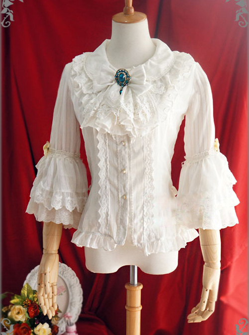 White Or Blue Chiffon Lace Doll Collar Bowknot Classic Lolita Trumpet Sleeve Shirt  |  Blouses