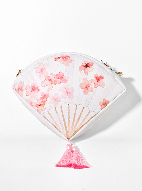 White Peach Blossom Fan Shaped Chinese Style Tassel Pendant Lolita Aslant Bag  |  Lolita Bags