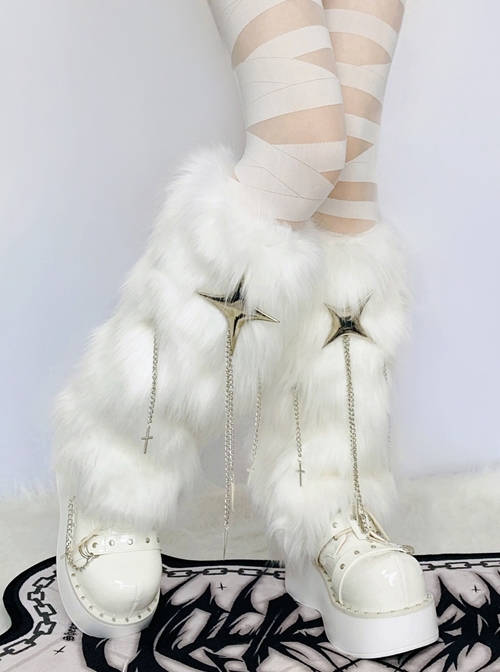 White Plush Thickened Medium Tube Star Metal Chain Tassel Punk Lolita Leg Covers  |  Lolita Leg Covers