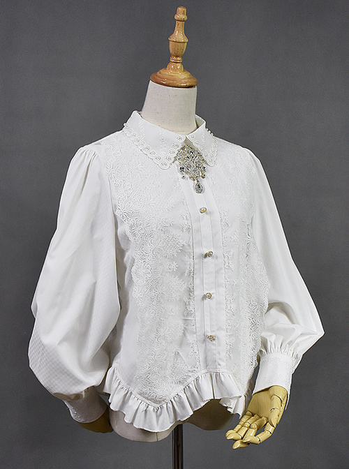 White Retro Hepburn Palace Style Embroidery Classic Lolita Shirt  |  Blouses