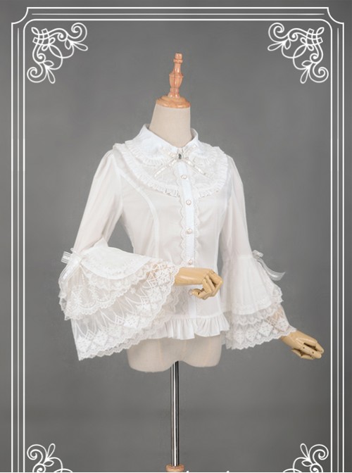 White Retro Mercerized Cotton Lace Flare Sleeve Lolita Blouse  |  Blouses