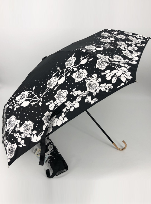 White Rose Black Umbrella Surface Gothic Lolita Silver Glue Sunshade Tri-fold Umbrella  |  Lolita Umbrellas