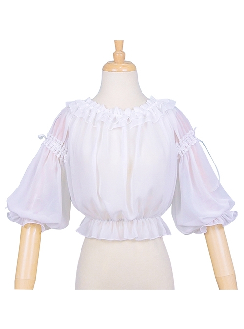 White Ruffled Lace Decoration Semi-Transparent Lantern Sleeve Fungus Edge Sweet Lolita Chiffon Half Sleeve Shirt  |  Blouses