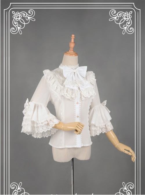 White Short Flare Sleeve Falbala Stand Collar Lolita Blouse  |  Blouses