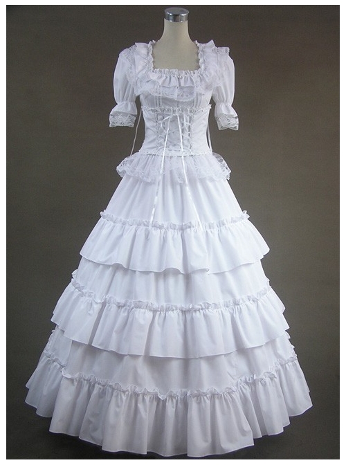 White Short Sleeves Floral Double-Layer Lace Trim Cotton Lolita Prom Dress  |  Plus Size Lolita Dresses