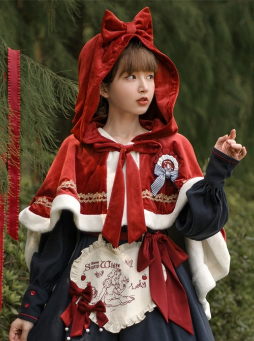 White Snow Concerto Fairy Tale White Border Decoration Velvet Sweet Lolita Bow-Knot Frenulum Short In Front And Long In Back Red Hooded Cloak  |  Coat & Jacket