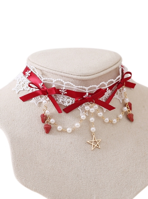 White Star Lace Red Ribbon Bowknot Bead Chain Strawberry Decoration Five Star Classic Lolita Necklace  |  Lolita Necklaces