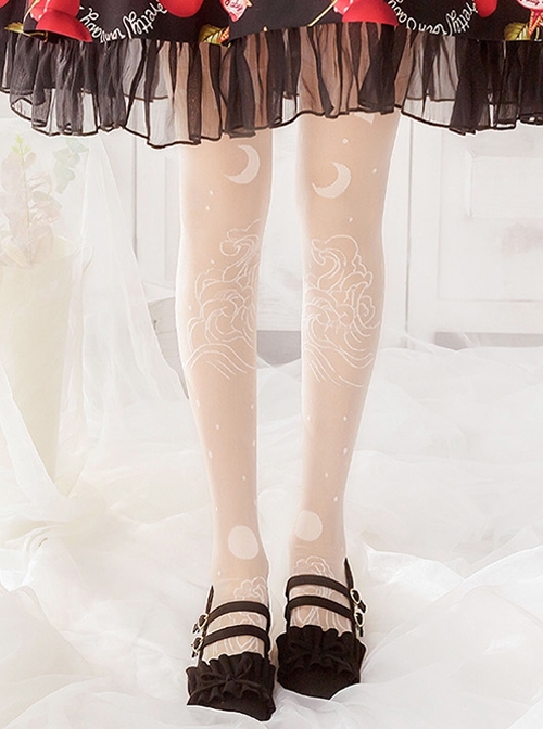 White Summer Thin Moon Wave Print Long Socks Classic Lolita Socks  |  Lolita Socks