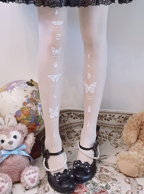 White Summer Thin Section Butterfly Moon Pattern Print Foil Stamping Lolita Pantyhose  |  Lolita Socks