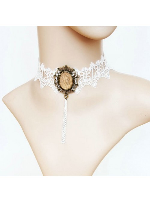 White Sweet Lace Gemstone Lolita Necklace  |  Lolita Necklaces