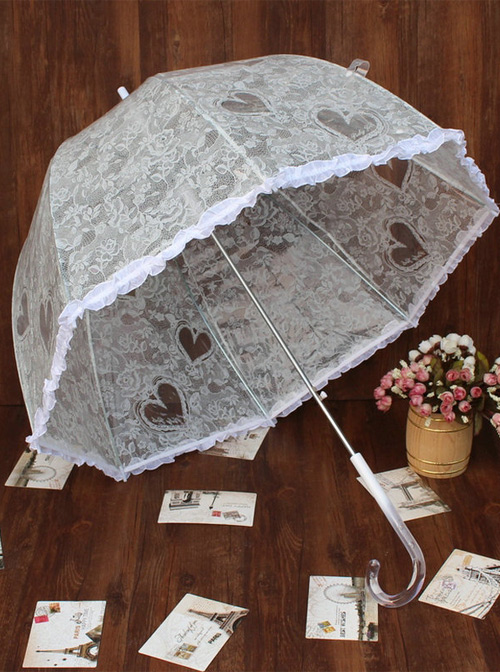 White Transparent Lace Printing Retro Lolita Automatic Long Handle Umbrella  |  Lolita Umbrellas