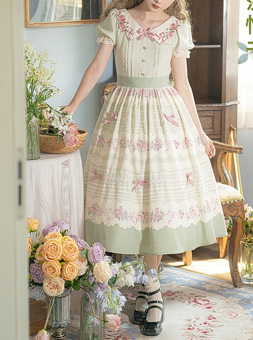 Windsor Love Letters Series Pastoral Style Embroidered Collar Handmade Bowknot Printing Heart Button Classic Lolita Lace Puff Short Sleeve Long Dress  |  Classic Lolita Dresses