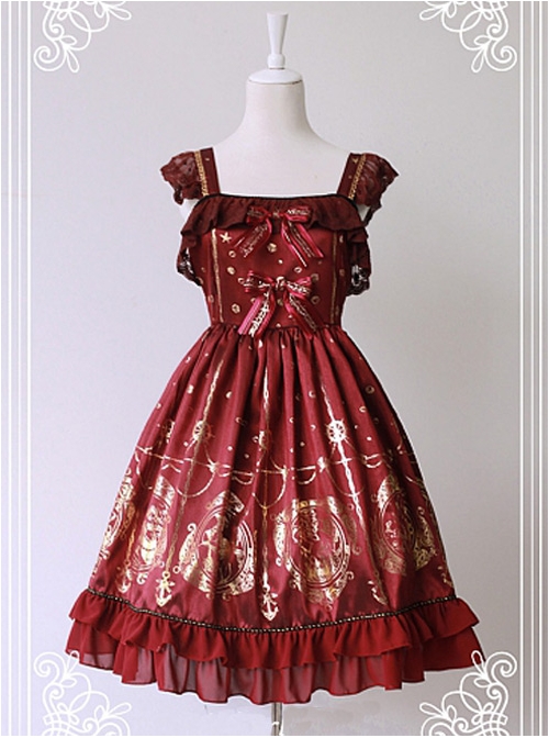 Wine Red Available Pleated Short Sleeves Flounce Hemline Dress  |  Classic Lolita Dresses