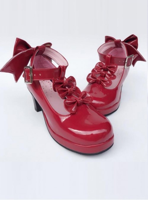 Wine Red Bowknot T-shaped Belt Sweet Lolita High Heel Shoes  |  Lolita Shoes