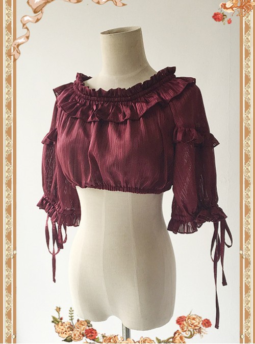 Wine Red Lovely Puff Sleeve Lolita Super Short Top  |  Blouses