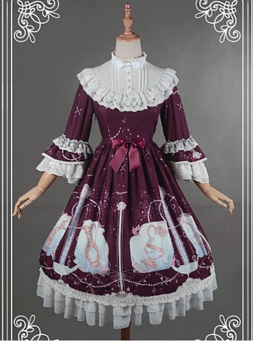 Wine Red Lovely Stand-up Collar Detachable Cuff Aquarius Printed Dress  |  Classic Lolita Dresses