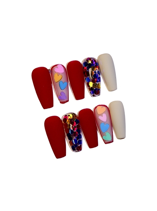 Wine Red Matte Sequins Colorful Love Detachable Finished Manicure Nail Pieces  |  Nails