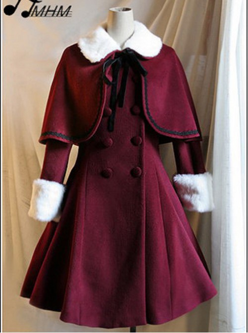 Wine Red Woolen Skirt Hem Classic Lolita Long Coat  |  Coat & Jacket