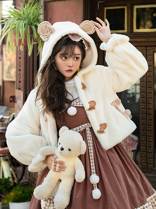 Winter Day Warm Bear Series Winter Thicken Fluffy Cute Sweet Lolita Bear Ears Hooded Apricot Short Coat  |  Coat & Jacket