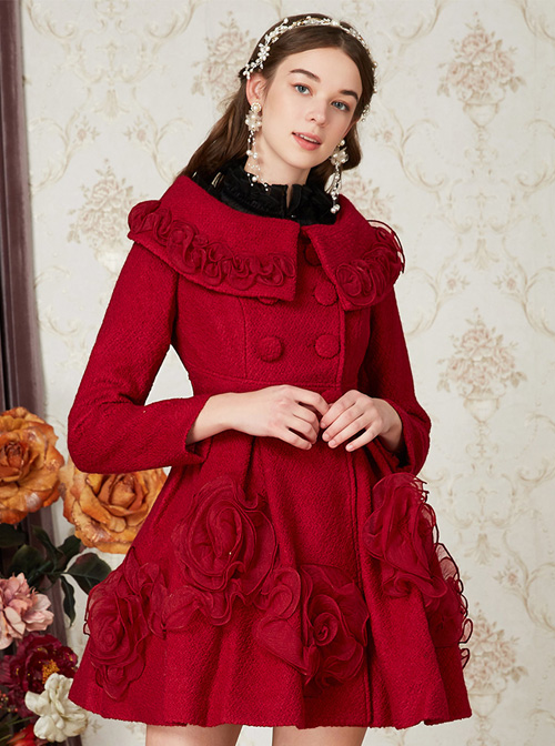 Wool Double-breasted Doll Collar Classic Lolita Red Coat  |  Coat & Jacket