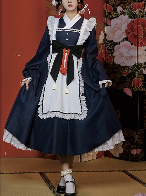 Yayoi Series Japanese Style Long Maid Uniform Contrast Color Bowknot Apron Classic Lolita Loose Long Sleeves Dress  |  Classic Lolita Dresses