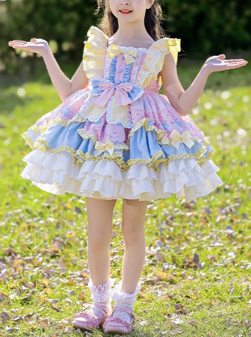 Yellow Pink Blue Simplicity Retro Style Spring Autumn Kids Cartoon Princess Fluffy Ruffles Bowknot Sweet Lolita  Sleeveless Dress  |  Kids Dresses