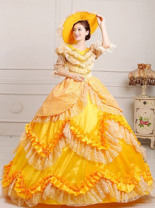 Yellow Satin Lace Lolita Prom Dress  |  Plus Size Lolita Dresses