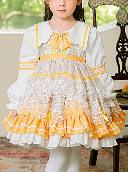 Yellow White Lapel Stitching Floral Lace Lantern Sleeve Princess Dress Autumn Classic Lolita Kids Long-Sleeved Dress  |  Kids Dresses