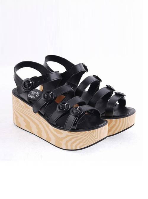 Black 3.1″ Heel High Beautiful PU Round Toe Cross Straps Platform Girls Lolita Sandals  |  Lolita Sandals