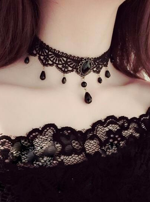 Concise Black Lace Beaded Gothic Lolita Choker  |  Lolita Necklaces