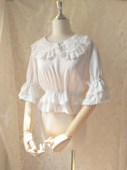 Cute Doll Collar White Chiffon Sweet Lolita Half Sleeve Shirt  |  Blouses