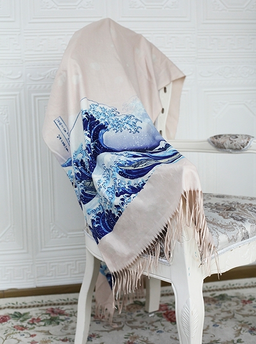 Japanese Kanagawa Famous Painting Blue Waves Elegant Retro Classic Lolita Imitation Cashmere Thin Scarf  |  Lolita Scarves