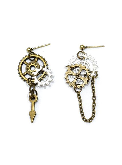 Mechanical Gear Asymmetry Design Metal Chain Punk Lolita Earrings  |  Lolita Earrings