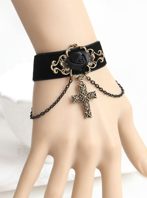 Velvet Vintage Crucifix Black Rose Elegant Gothic Lolita Bracelet  |  Lolita Wrist Straps