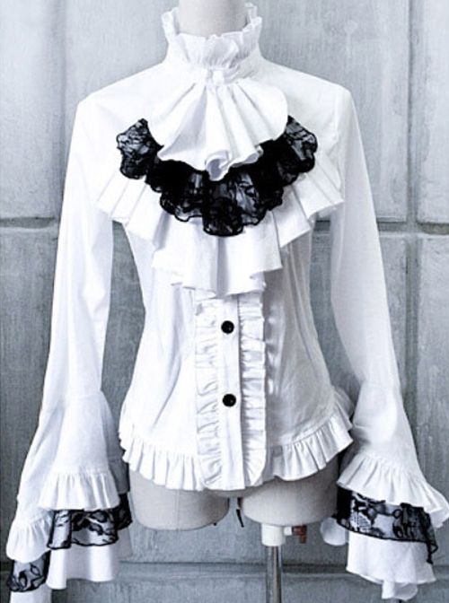 White Trumpet Sleeves Flounced Collar Slim Black Lace Gothic Lolita Shirt  |  Blouses