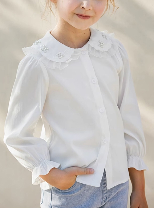 All Match daily Pearl Embellished Lace Lapel Ruffle Cuff Sweet Lolita Kid White Long Sleeve Shirt  |  Kids Tops