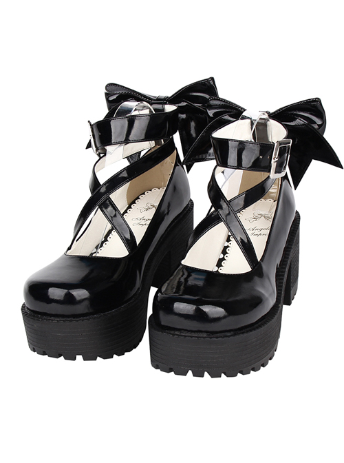 Black Patent Leather Cute Bowknot Lolita Round-toe High Heel Shoes- 8cm  |  Lolita Shoes