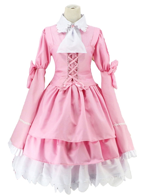 Pink Long Sleeves Bowknot Cosplay Costume Sweet Lolita Dress  |  Plus Size Lolita Dresses