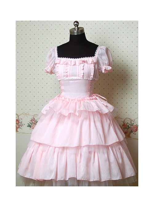 Pink Puff Sleeves Bow Cake Lolita Dress  |  Classic Lolita Dresses