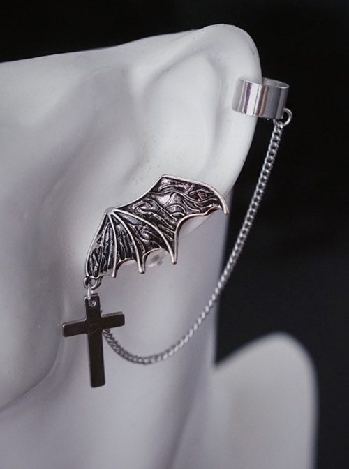 Punk Style Bat Wings Crucifix Chain Unilateral Left Ear Halloween Gothic Lolita Earring  |  Lolita Earrings