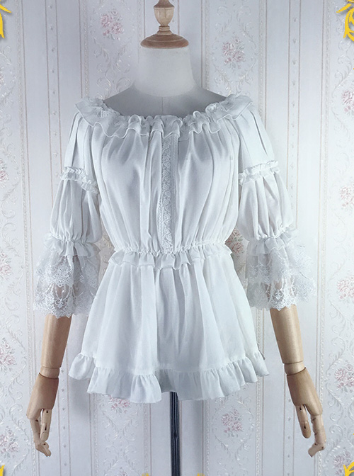 Strawberry Witch Mechanical Balloon Series White Chiffon Classic Lolita Half Sleeve Shirt  |  Plus Size Lolita Blouses